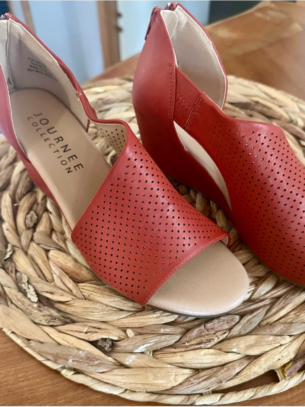 Journee Collection Red Perforated Peep-Toe Wedge Mules